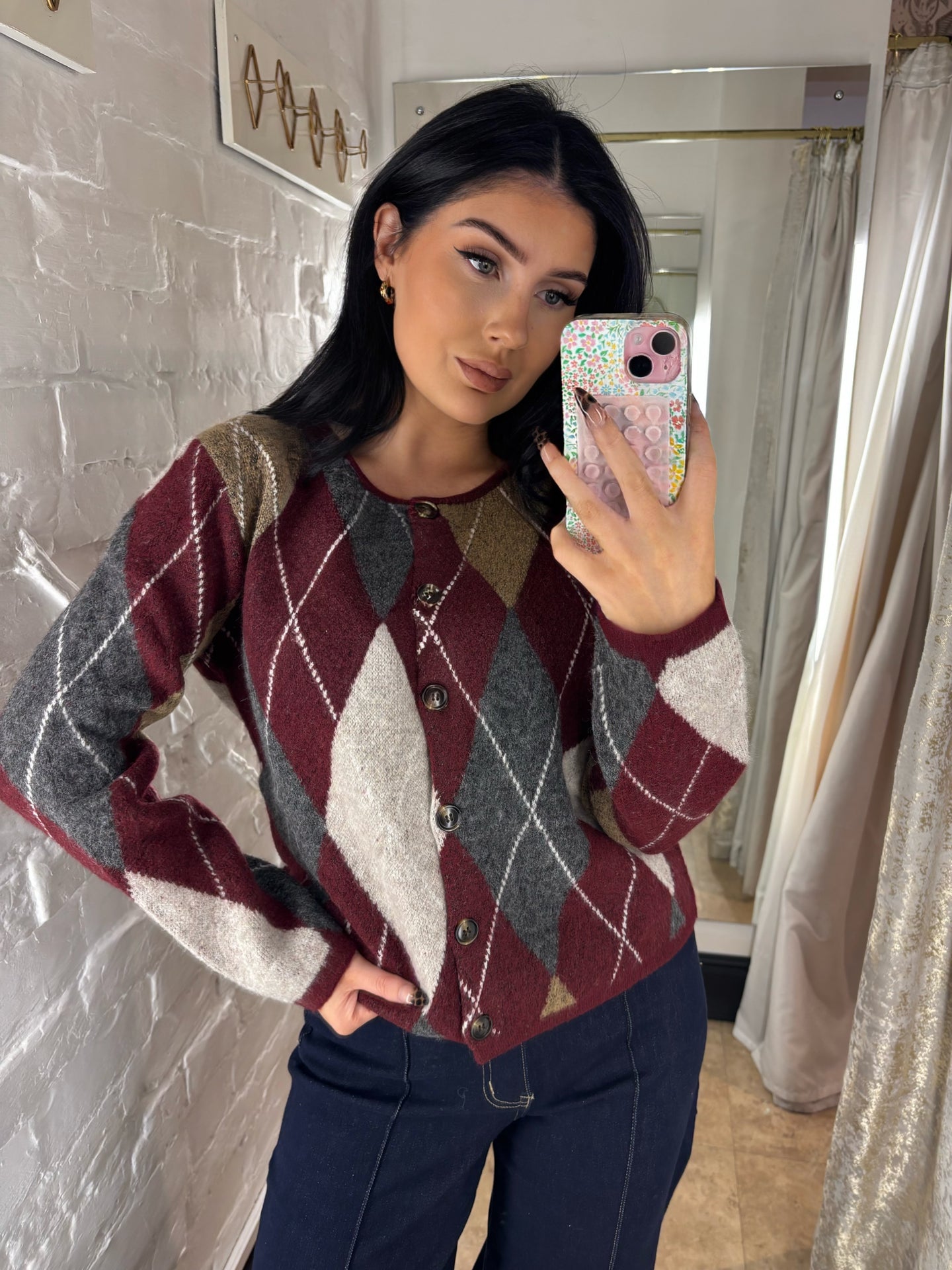 Burgundy argyle knit