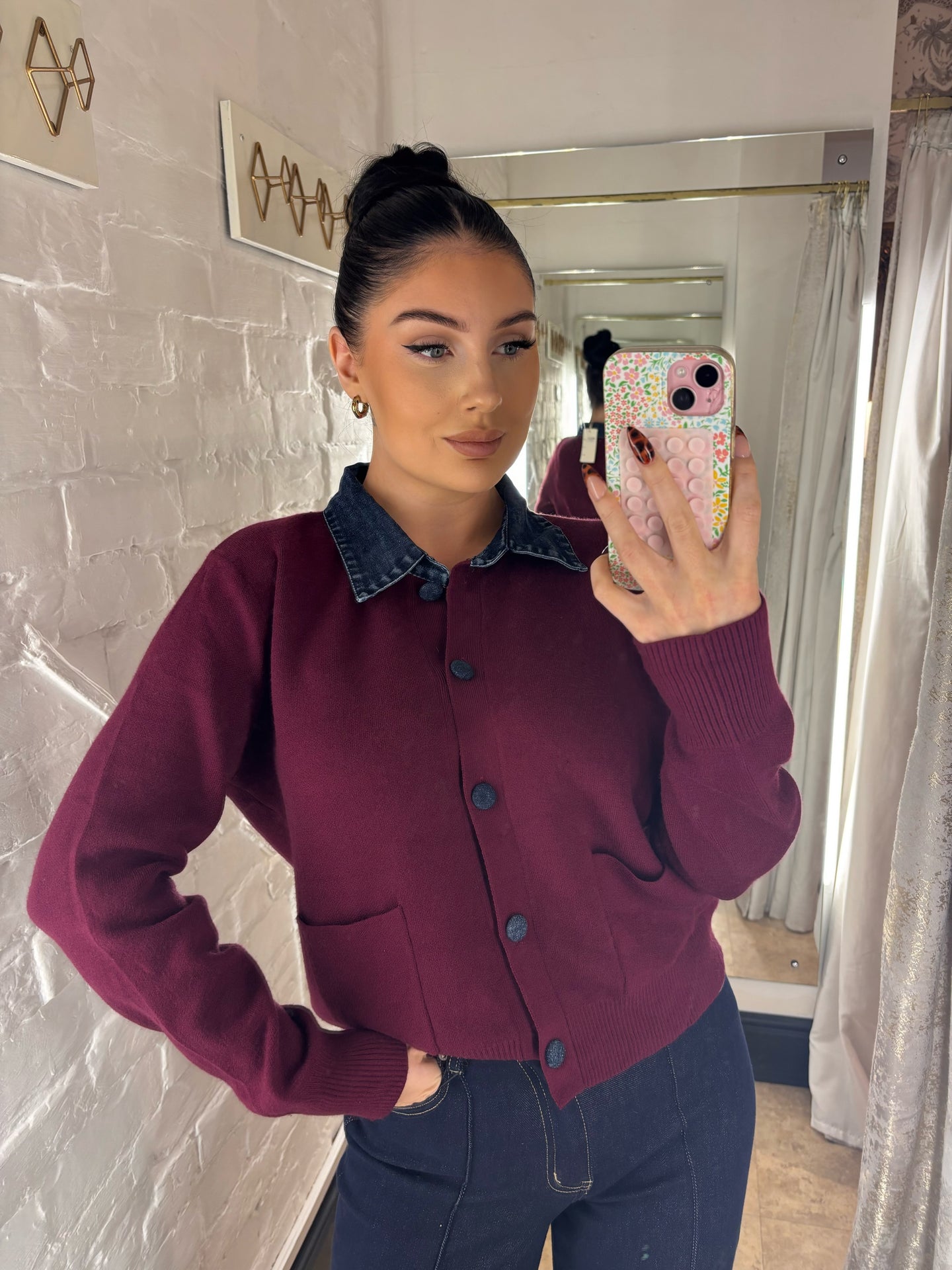 Denim collar cardigan - Burgundy
