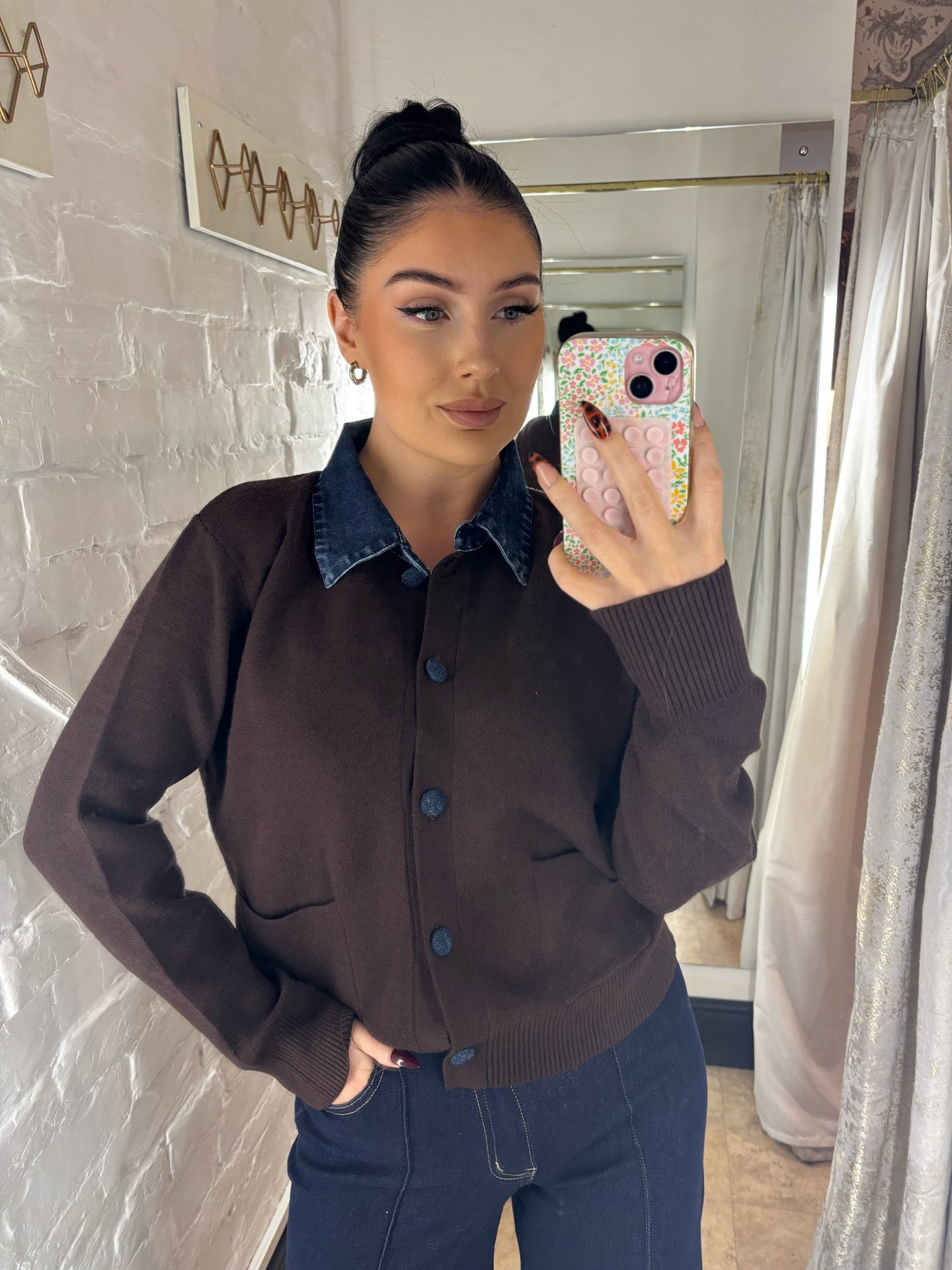 Denim collar cardigan - Brown