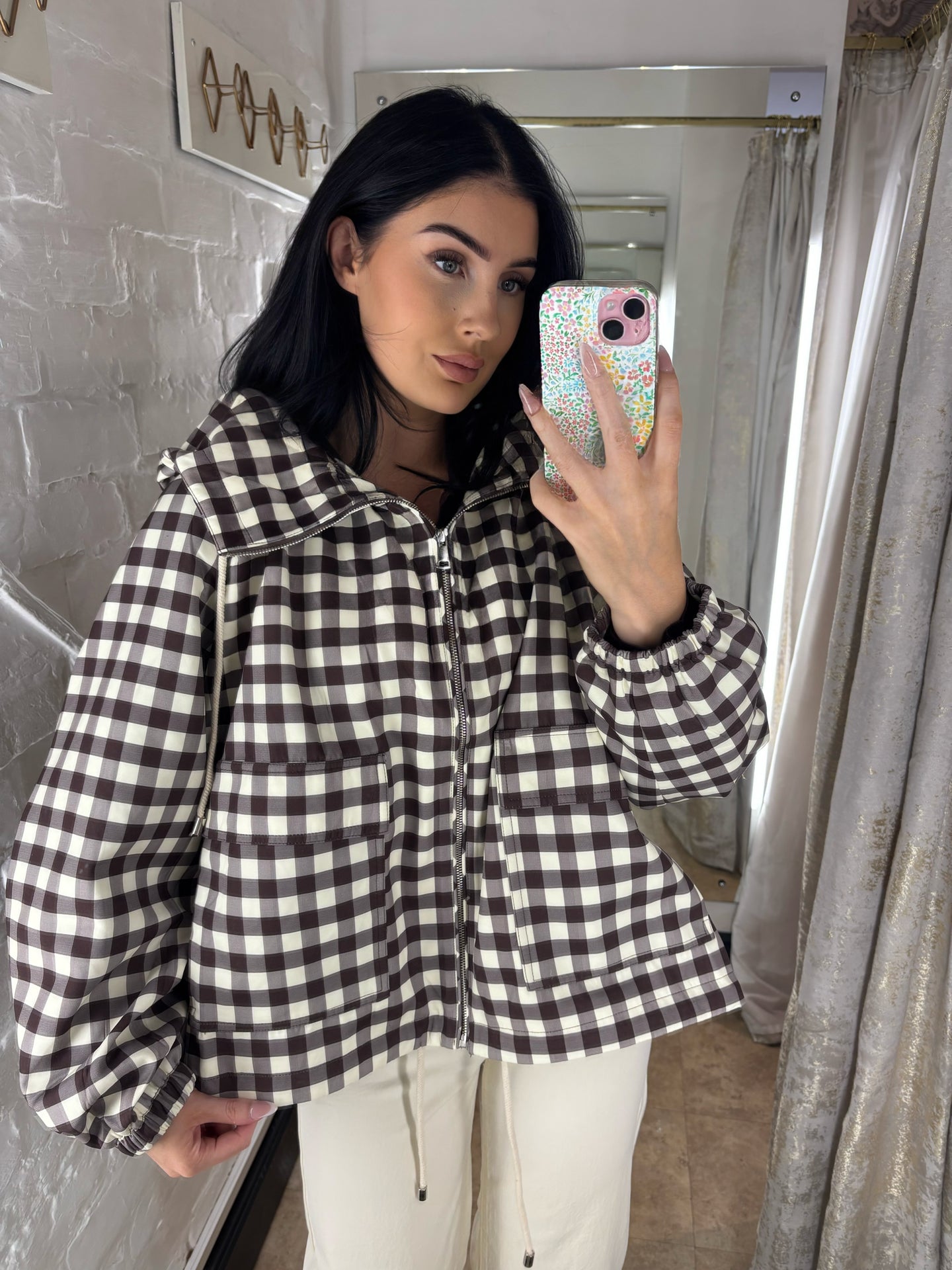 Brown gingham raincoat
