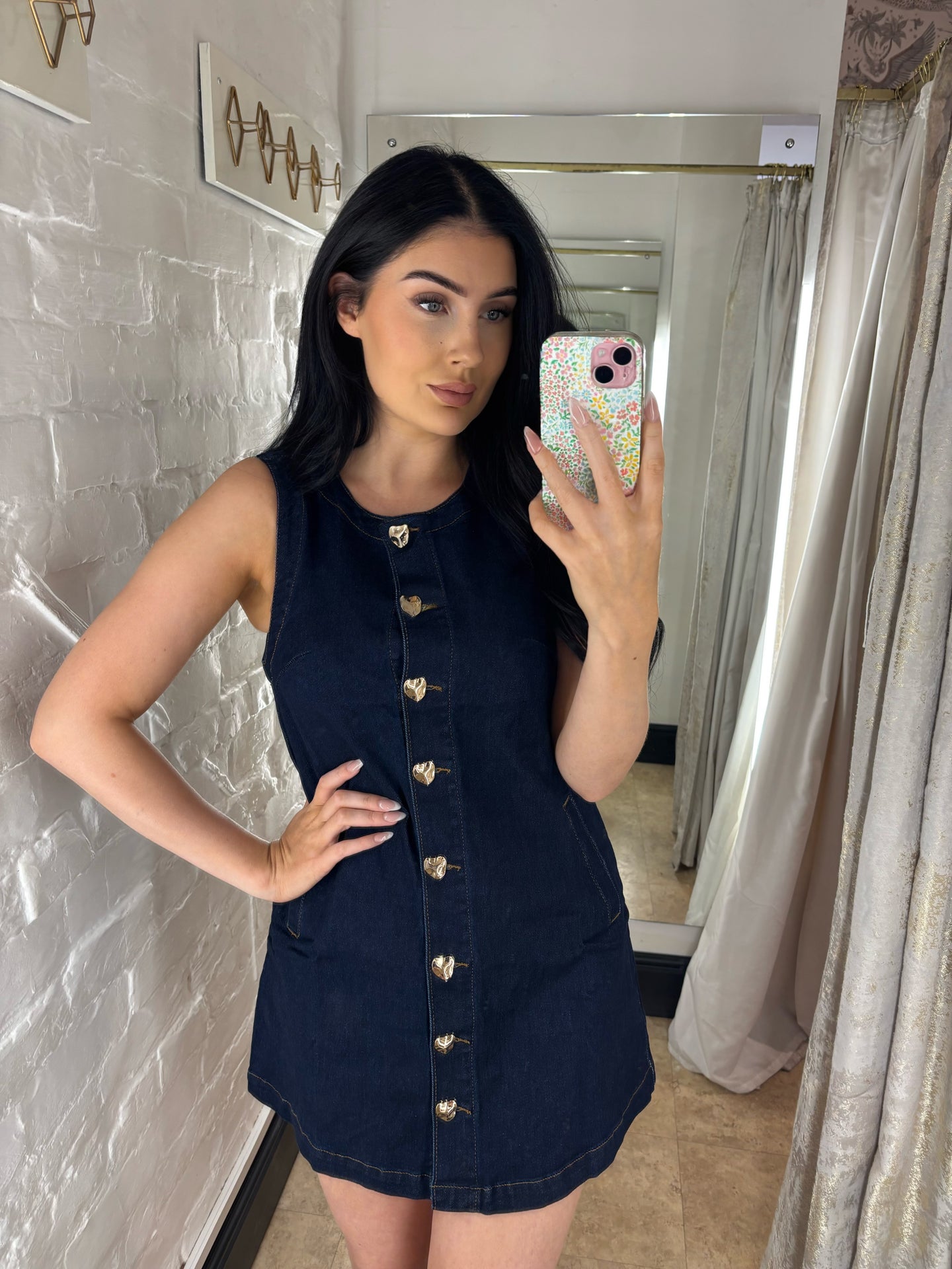 Denim gold button mini