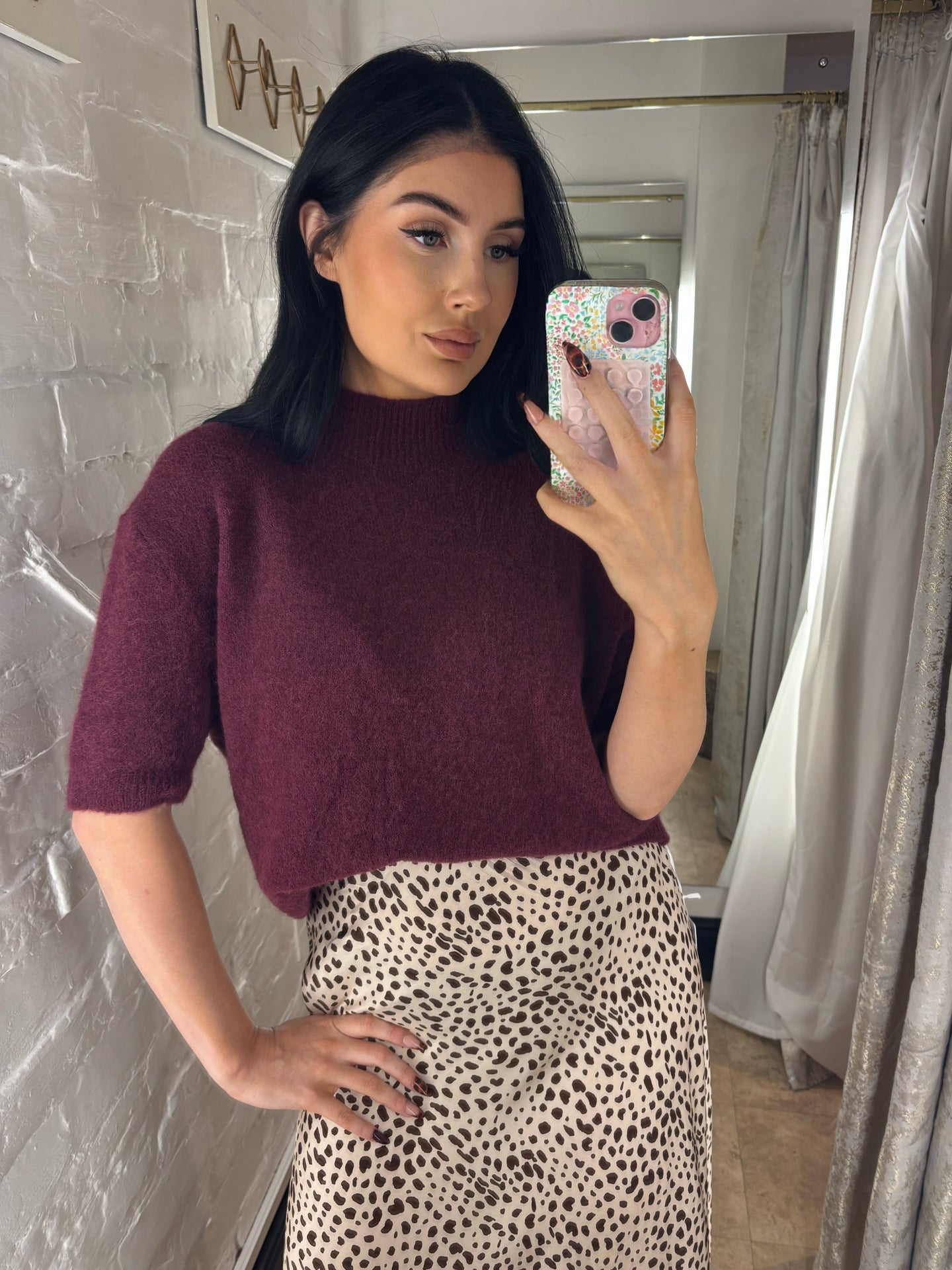 Short sleeve knit wine red